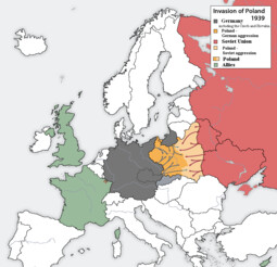 Europäische Gebiet zu Beginn des Zweiten Weltkriegs (Sep. 1939)<br>{Bild mit GNU-Lizenz: „Polish Defensive War 1939. The map shows the beginning of the Second World War in September 1939 in a wider European context.“}