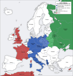 Europa-Karte 1939/1940 mit Überfall auf Polen<br>{Bild mit GNU-Lizenz: „Zweiter Weltkrieg Europa 1939, Karte de“}